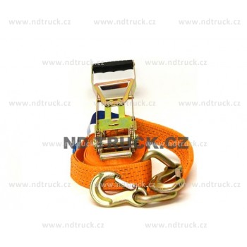 Pás upínací 5t,10m s krátkou ráčnou, s karabinami, háky, popruh